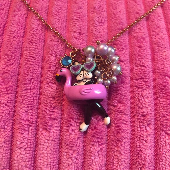 NWT Betsey Johnson flamingo frenchie bulldog pool float earrings necklace set - Picture 4 of 6